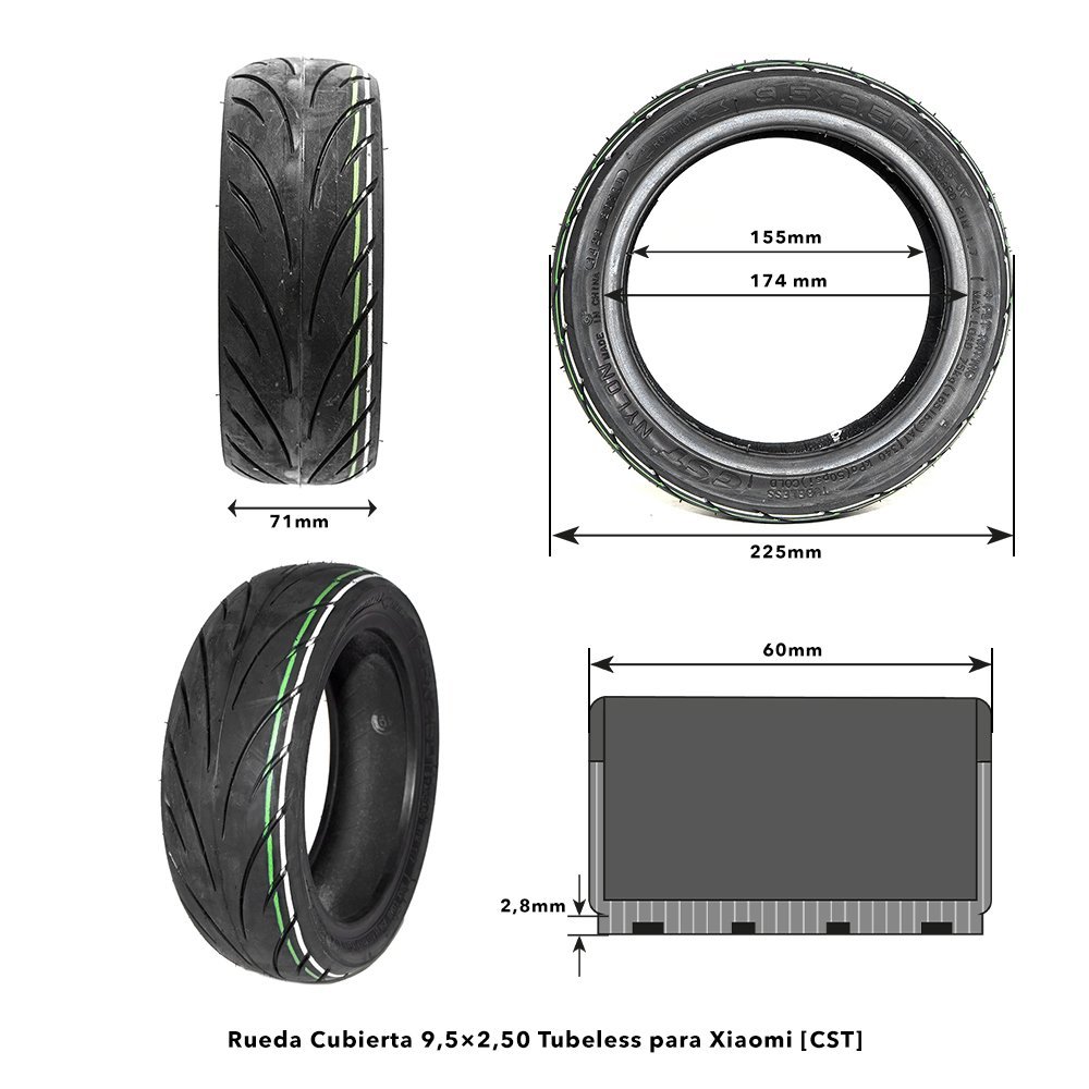Rueda Cubierta 9,5x2,50 Tubeless para Xiaomi